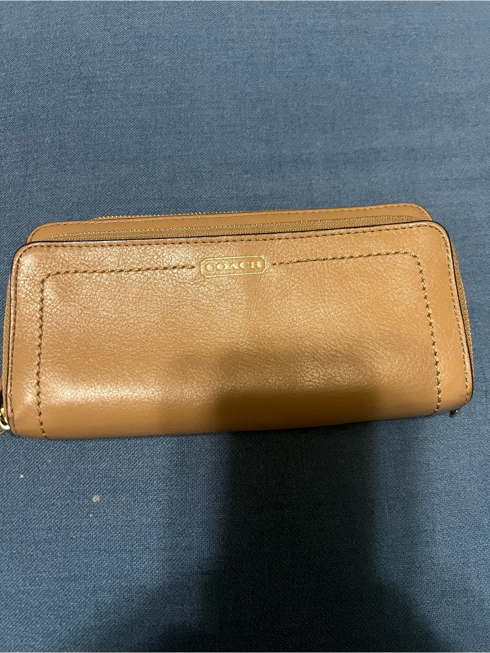 COACH Brown Leather Zip Wallet with Gold Plaque